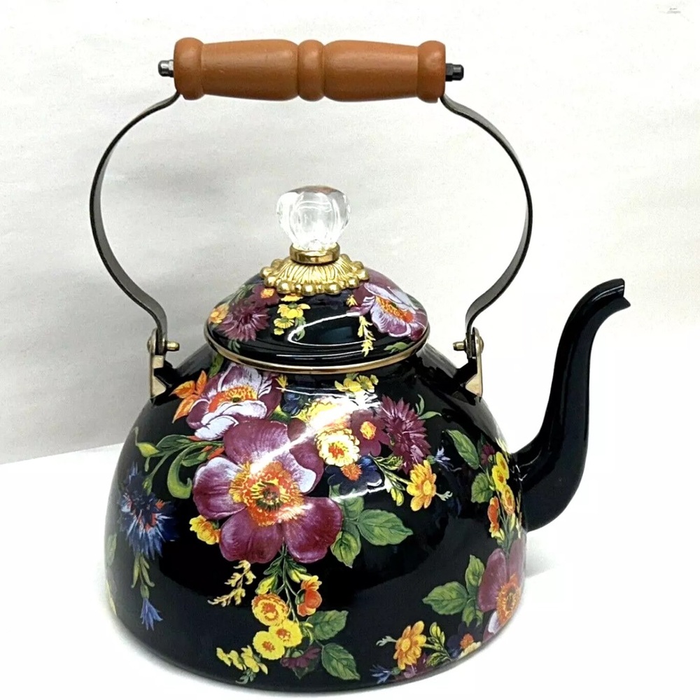 Mackenzie Childs Black Flower Market 3 Quart Tea Kettle